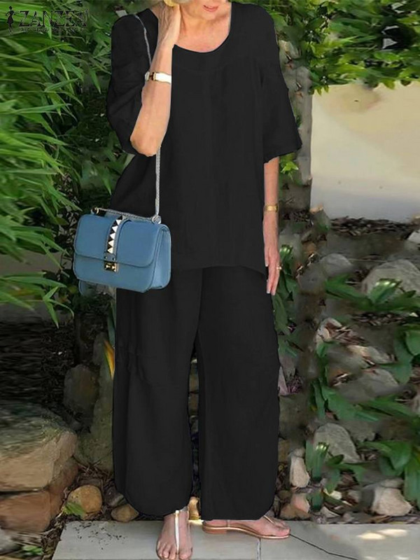 ZANZEA 2023 Ljetne trenirke sa širokim nogavicama Ležerne majice s četvrtastim izrezom i polurukavima Opuštene ženske kombinacije od 2 komada Plavi kompleti hlača