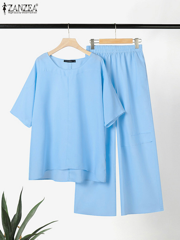 ZANZEA 2023 Ljetne trenirke sa širokim nogavicama Ležerne majice s četvrtastim izrezom i polurukavima Opuštene ženske kombinacije od 2 komada Plavi kompleti hlača