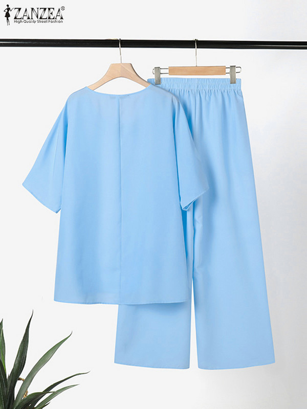 ZANZEA 2023 Ljetne trenirke sa širokim nogavicama Ležerne majice s četvrtastim izrezom i polurukavima Opuštene ženske kombinacije od 2 komada Plavi kompleti hlača