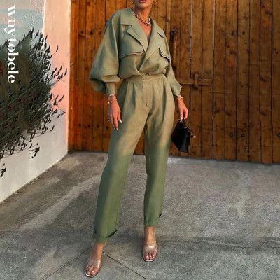 Waytobele Γυναικείο σετ δύο τεμαχίων Φθινοπωρινό Μόδα γραφείου Μασίφ πέτο V λαιμόκοψη Πουκάμισο με μακρυμάνικο φανάρι Top Loose Παντελόνια Σετ Streetwear