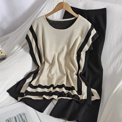 2022. aasta moe suve naiste jääsiidist õhuke silmkoeline varrukateta pullover Kaheosalised pükskostüümid + kõrge vöökohaga, laia säärega pükste komplektid