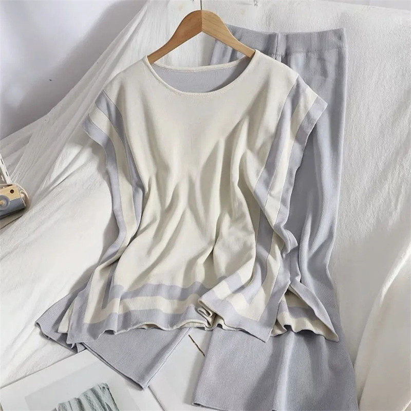 2022. aasta moe suve naiste jääsiidist õhuke silmkoeline varrukateta pullover Kaheosalised pükskostüümid + kõrge vöökohaga, laia säärega pükste komplektid