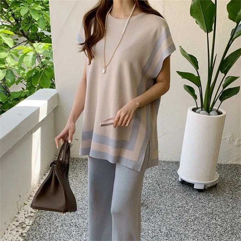 2022. aasta moe suve naiste jääsiidist õhuke silmkoeline varrukateta pullover Kaheosalised pükskostüümid + kõrge vöökohaga, laia säärega pükste komplektid