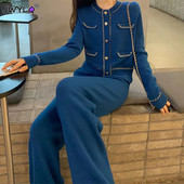 Kórejské elegantné pletené dvojdielne nohavice, dámske nové jesenné a zimné kardigany s dlhým rukávom a širokými nohavicami, módne štýlové nohavice