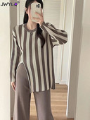 Ženski pulover s dugim rukavima i dugim rukavima na pruge s O-izrezom + dvodijelni komplet hlača sa širokim nogavicama visokog struka Nova ulična odjeća za jesen i zimu