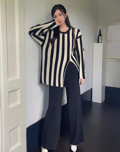 Ženski pulover s dugim rukavima i dugim rukavima na pruge s O-izrezom + dvodijelni komplet hlača sa širokim nogavicama visokog struka Nova ulična odjeća za jesen i zimu
