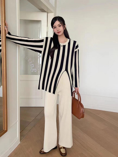 Ženski pulover s dugim rukavima i dugim rukavima na pruge s O-izrezom + dvodijelni komplet hlača sa širokim nogavicama visokog struka Nova ulična odjeća za jesen i zimu