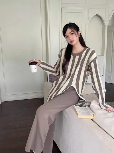 Ženski pulover s dugim rukavima i dugim rukavima na pruge s O-izrezom + dvodijelni komplet hlača sa širokim nogavicama visokog struka Nova ulična odjeća za jesen i zimu