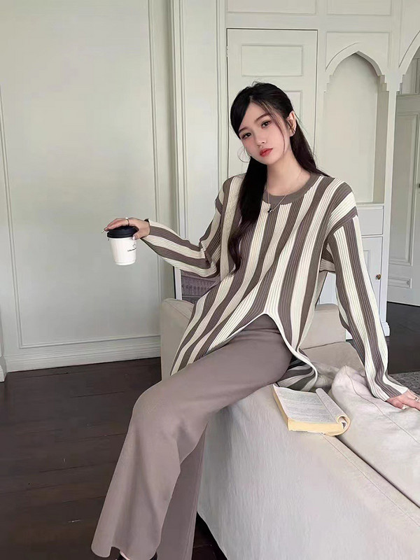 Ženski pulover s dugim rukavima i dugim rukavima na pruge s O-izrezom + dvodijelni komplet hlača sa širokim nogavicama visokog struka Nova ulična odjeća za jesen i zimu