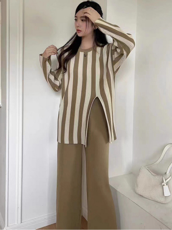 Ženski pulover s dugim rukavima i dugim rukavima na pruge s O-izrezom + dvodijelni komplet hlača sa širokim nogavicama visokog struka Nova ulična odjeća za jesen i zimu