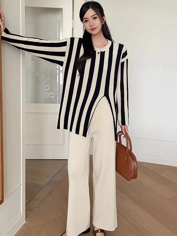 Ženski pulover s dugim rukavima i dugim rukavima na pruge s O-izrezom + dvodijelni komplet hlača sa širokim nogavicama visokog struka Nova ulična odjeća za jesen i zimu