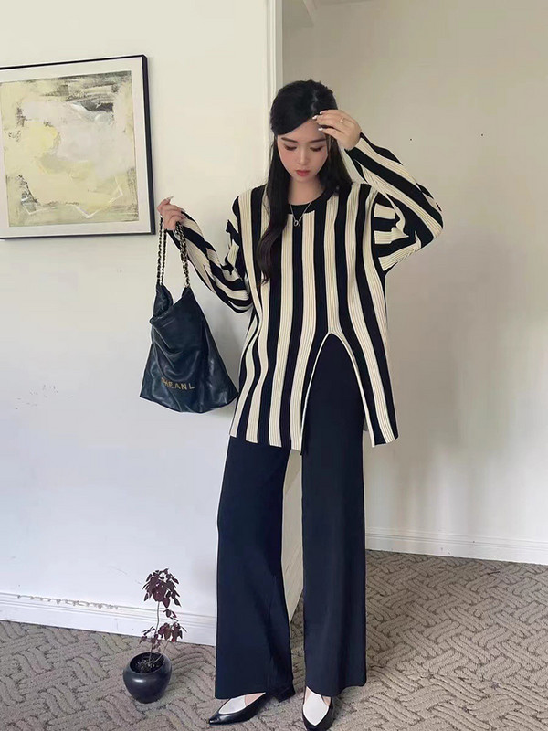 Ženski pulover s dugim rukavima i dugim rukavima na pruge s O-izrezom + dvodijelni komplet hlača sa širokim nogavicama visokog struka Nova ulična odjeća za jesen i zimu