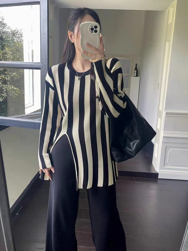 Ženski pulover s dugim rukavima i dugim rukavima na pruge s O-izrezom + dvodijelni komplet hlača sa širokim nogavicama visokog struka Nova ulična odjeća za jesen i zimu