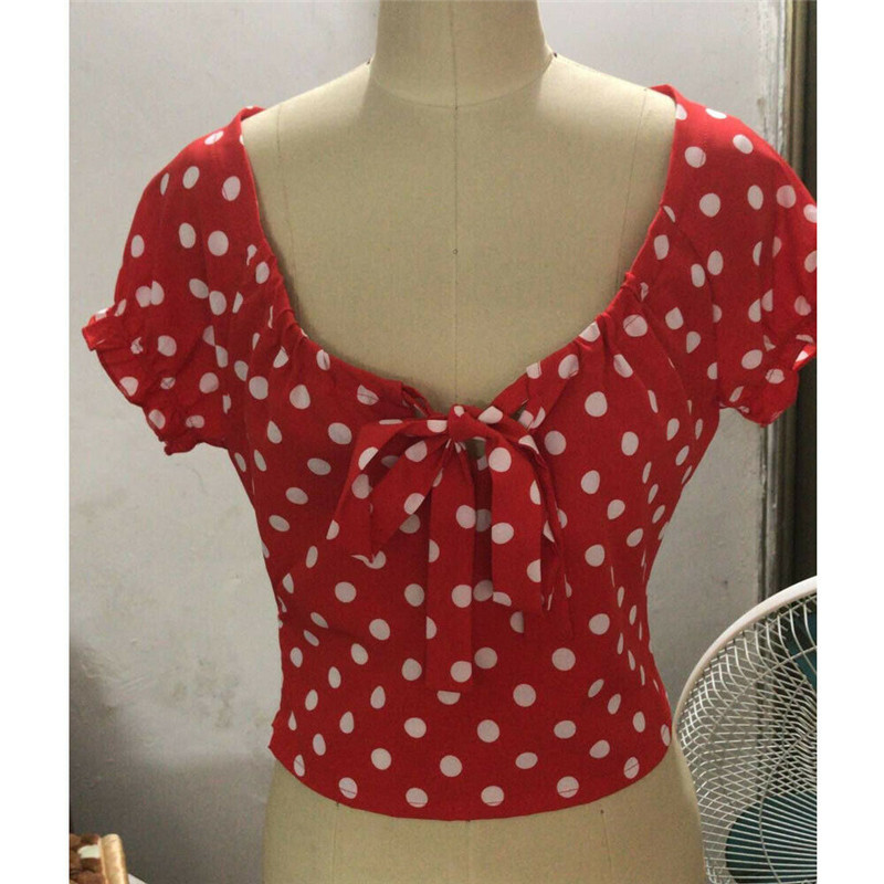 Bluză vintage cu mâneci scurte cu mâneci scurte cu buline cu fundă de vară pentru femei Cămașă Nou 2019