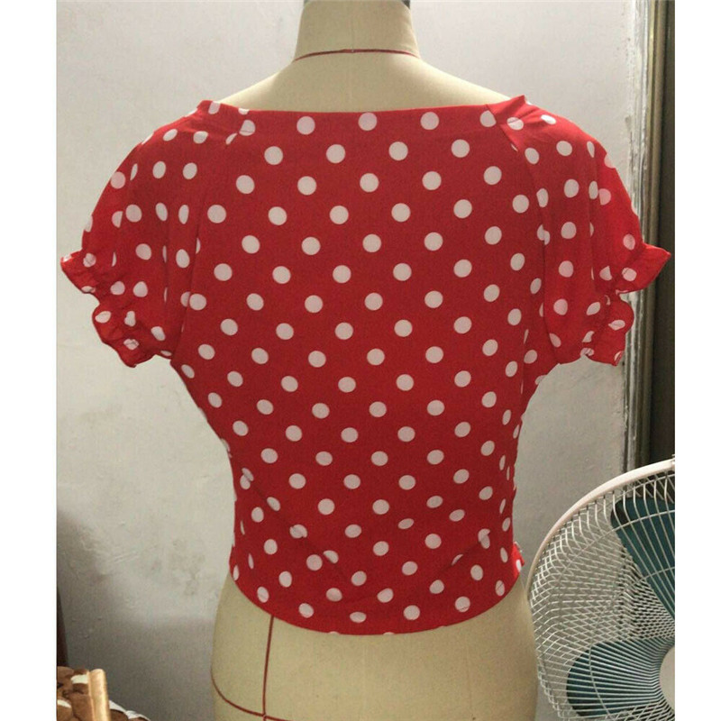 Bluză vintage cu mâneci scurte cu mâneci scurte cu buline cu fundă de vară pentru femei Cămașă Nou 2019