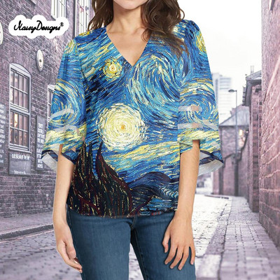 NOISYDESIGNS Van Gogh pictură artistică cămăși din șifon cu imprimeu Harajuku pentru femei Bluză de vară pentru femei Topuri de birou Plus Size Îmbrăcăminte pentru femei