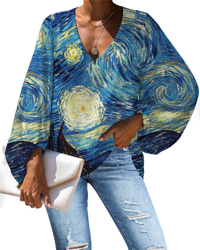 NOISYDESIGNS Πίνακας τέχνης Βαν Γκογκ Εκτύπωση σιφόν πουκάμισα Harajuku γυναικεία μπλούζα Καλοκαιρινή γυναικεία μπλούζα γραφείου σε μέγεθος Γυναικεία ρούχα