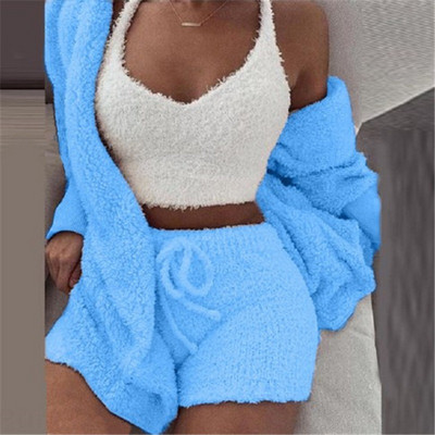 Új őszi téli női bársony pizsama szett Crop felső+hosszú nadrág+kabát 3 részes öltöny meleg puha polár otthoni pizsama S-3XL