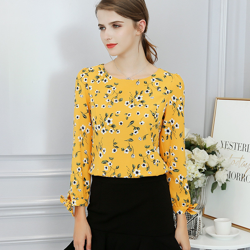 Uus Korea naiste šifoonsärk pikkade varrukatega ümarkraega Prindiga mood vabaaja pluus Naiste kevadsuvi top riided H9074