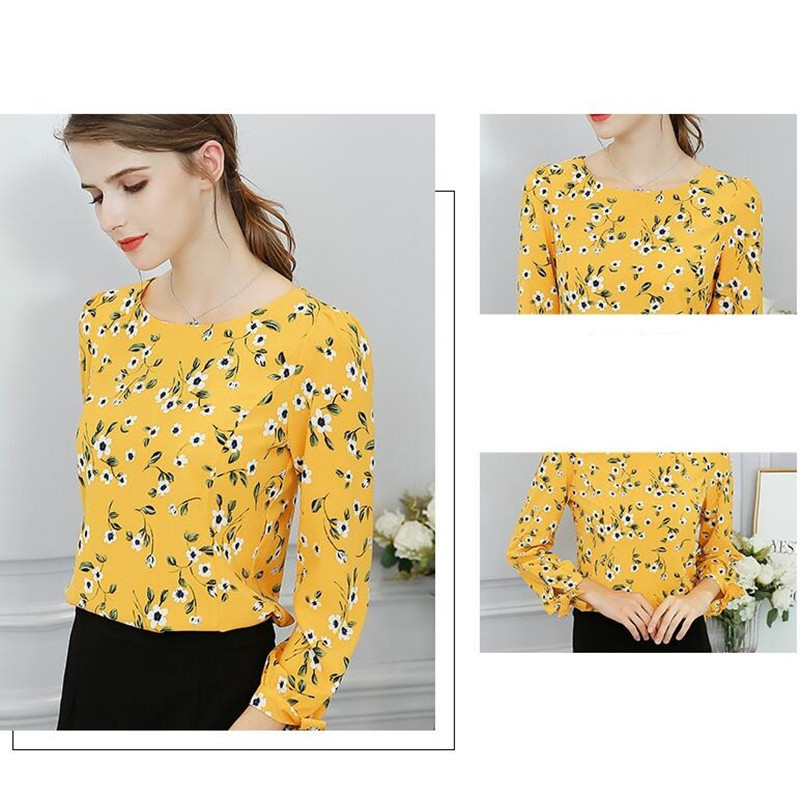 Uus Korea naiste šifoonsärk pikkade varrukatega ümarkraega Prindiga mood vabaaja pluus Naiste kevadsuvi top riided H9074