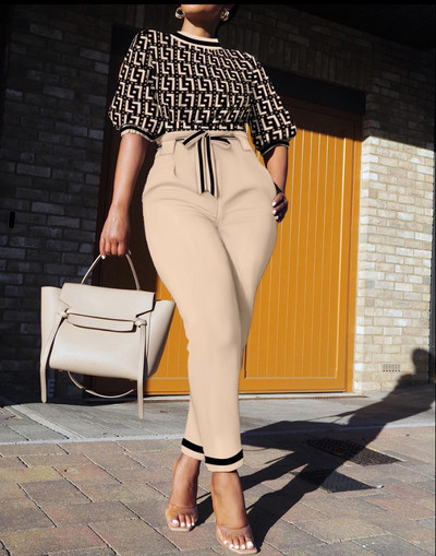 Ležerna košulja kratkih rukava Komplet hlača Uredska dama Proljeće Jesen Bluza s printom Hlače na vezanje Dvodijelni komplet Ženska odjeća 2023. Topovi