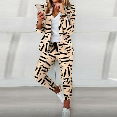 Dámske kancelárske sako a nohavice, potlačený oblek, ležérne kancelárske dámske nohavice, dvojdielna súprava, elegantný slim fit dlhé nohavice, zodpovedajúci oblek