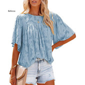 Tricou din șifon cu mânecă scurtă, cu mânecă scurtă, din dantelă, de vară, cu mânecă trompetă, lejer, de vară.