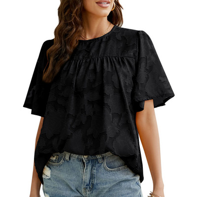 Tricou din șifon cu mânecă scurtă, cu mânecă scurtă, din dantelă, de vară, cu mânecă trompetă, lejer, de vară.