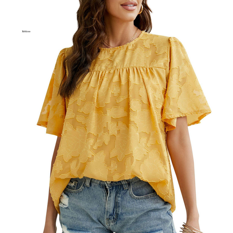 Tricou din șifon cu mânecă scurtă, cu mânecă scurtă, din dantelă, de vară, cu mânecă trompetă, lejer, de vară.