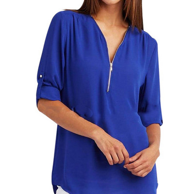 Bluze din șifon pentru femei de vară, elegante, cu decolteu în V, cu mâneci lungi, cu fermoar, tunică, bluze, ocazional, cămăși lejere albastre, femei 5Xl