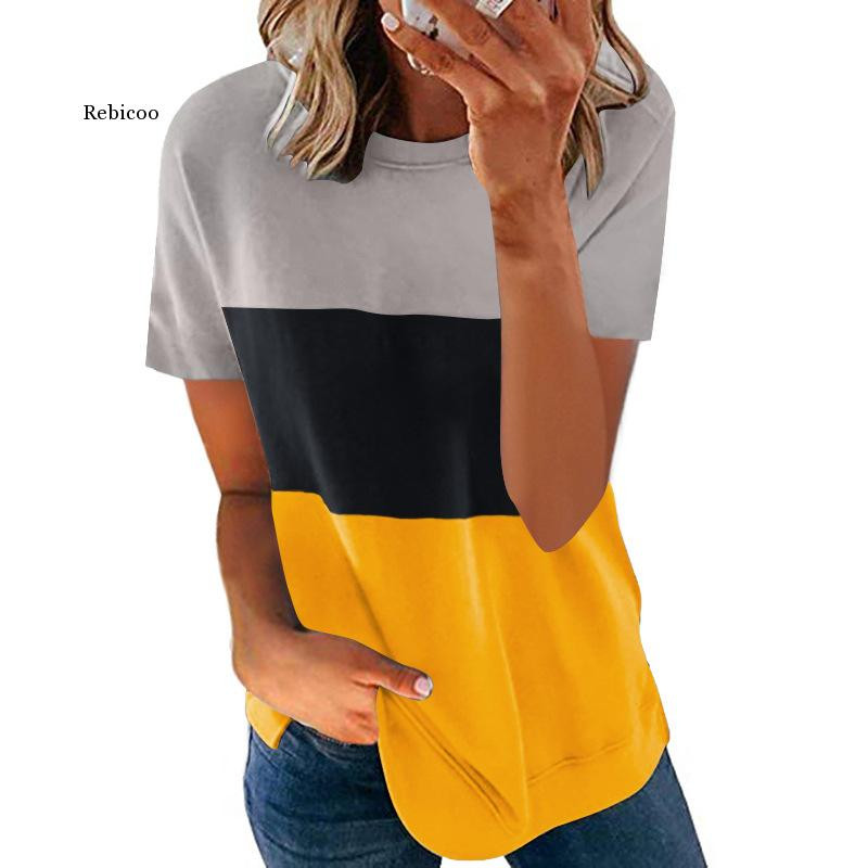 Υπερμεγέθη γυναικείο μπλουζάκι Casual με λαιμόκοψη κοντό μανίκι Φαρδύ μπλουζάκι S-5Xl Γυναικείο μπλουζάκι με αντίθεση Patchwork Καλοκαίρι 2021 Νέο