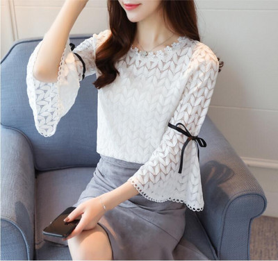 Ανοιξιάτικη μόδα Πουκάμισα μονόχρωμα δαντέλα Γυναικείες μπλούζες Μακρυμάνικο με λαιμόκοψη κούφιο έξω με φιόγκο με μανίκια γυναικεία μπλουζάκια δαντέλα μπλούζα