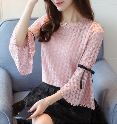 Ανοιξιάτικη μόδα Πουκάμισα μονόχρωμα δαντέλα Γυναικείες μπλούζες Μακρυμάνικο με λαιμόκοψη κούφιο έξω με φιόγκο με μανίκια γυναικεία μπλουζάκια δαντέλα μπλούζα