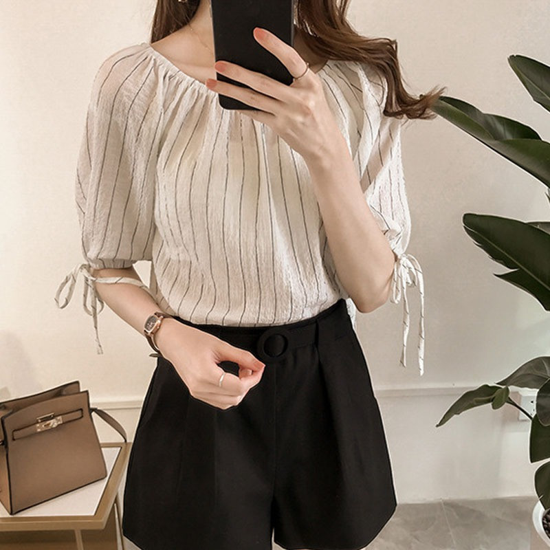 Ženske bluze sa slatkim kosim izrezom, ženske bluze s prugastim printom, ženska košulja s V-izrezom do pola rukava