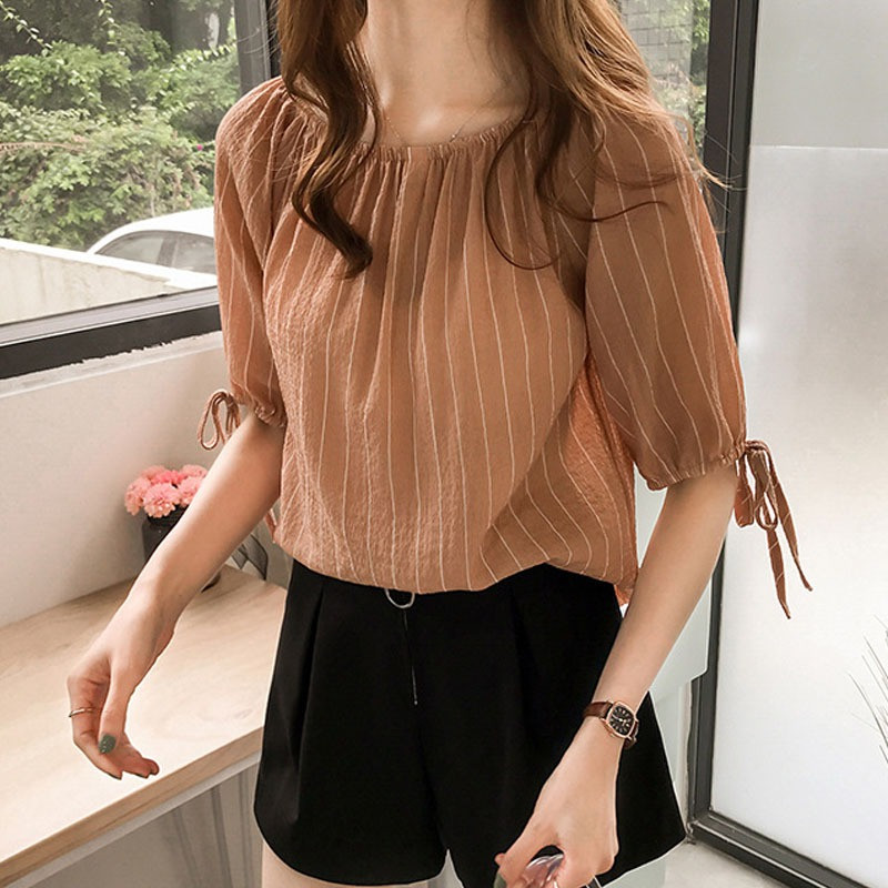 Ženske bluze sa slatkim kosim izrezom, ženske bluze s prugastim printom, ženska košulja s V-izrezom do pola rukava
