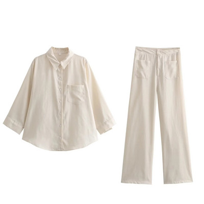 TRAF Žensko jednobojno odijelo 2023. Vintage Široka košulja s gumbima s V-izrezom + ležerno dugo odijelo s trapericama s visokim strukom