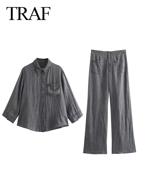 TRAF Žensko jednobojno odijelo 2023. Vintage Široka košulja s gumbima s V-izrezom + ležerno dugo odijelo s trapericama s visokim strukom