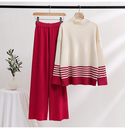 Πλεκτό σετ δύο τεμαχίων για γυναίκες Μινιμαλιστική αθλητική φόρμα 2023 Gradation πουλόβερ τοπ και φαρδιά ασορτί παντελόνι σετ Soft Winter