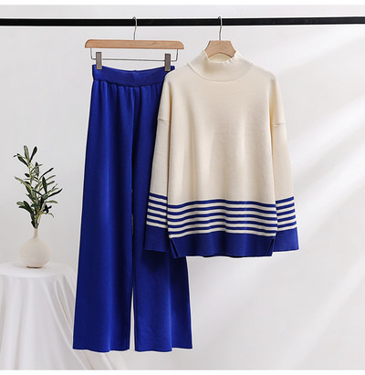 Πλεκτό σετ δύο τεμαχίων για γυναίκες Μινιμαλιστική αθλητική φόρμα 2023 Gradation πουλόβερ τοπ και φαρδιά ασορτί παντελόνι σετ Soft Winter