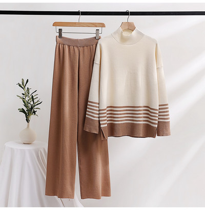 Πλεκτό σετ δύο τεμαχίων για γυναίκες Μινιμαλιστική αθλητική φόρμα 2023 Gradation πουλόβερ τοπ και φαρδιά ασορτί παντελόνι σετ Soft Winter