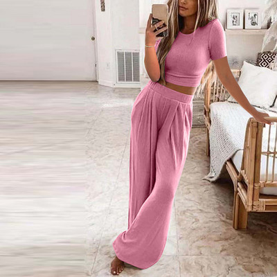Φθινοπωρινά γυναικεία μασίφ πλεκτά casual σπίτι φορούν λεπτές μπλούζες δύο τεμαχίων παντελόνι φαρδύ πόδι Σετ γυναικεία ρούχα Χειμερινή μόδα κοστούμι commuter