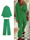KJMYYX Kompleti hlača za žene 2023., modna široka bluza sa zelenim prugama, ženske ležerne košulje dugih rukava + široke hlače visokog struka