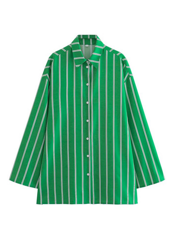 KJMYYX Kompleti hlača za žene 2023., modna široka bluza sa zelenim prugama, ženske ležerne košulje dugih rukava + široke hlače visokog struka