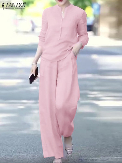 ZANZEA Elegant γυναικεία αθλητική φόρμα δύο τεμαχίων Γυναικεία ρούχα Γυναικεία κοστούμια εργασίας Φθινοπωρινά κοστούμια V λαιμόκοψη Μακρυμάνικη μπλούζα παντελόνι με φαρδύ πόδι