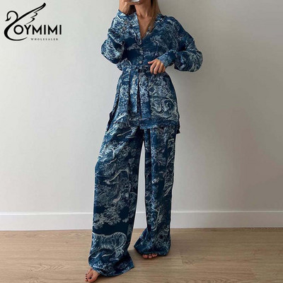 Oymimi Fashion Blue Print Setovi za žene Elegantne 2-dijelne majice s dugim rukavima na vezanje i široke ravne hlače Ženski kompleti
