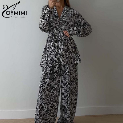 Oymimi Fashion Blue Print Setovi za žene Elegantne 2-dijelne majice s dugim rukavima na vezanje i široke ravne hlače Ženski kompleti