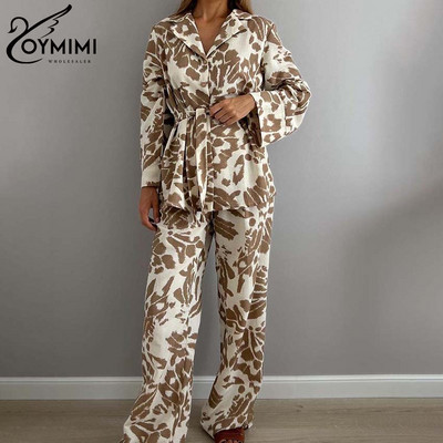 Oymimi Fashion Blue Print Setovi za žene Elegantne 2-dijelne majice s dugim rukavima na vezanje i široke ravne hlače Ženski kompleti