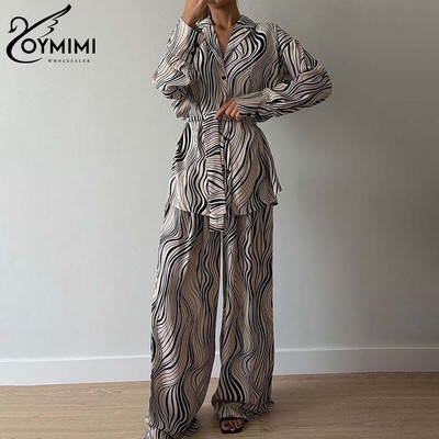 Oymimi Fashion Blue Print Setovi za žene Elegantne 2-dijelne majice s dugim rukavima na vezanje i široke ravne hlače Ženski kompleti