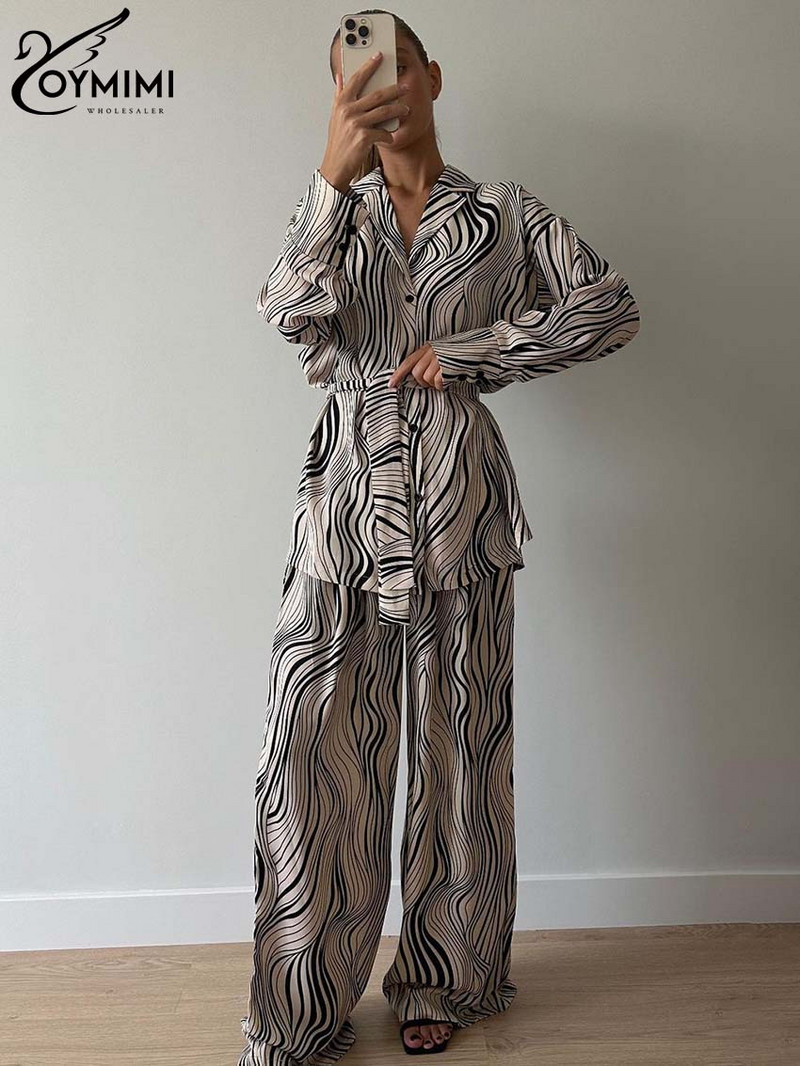 Oymimi Fashion Blue Print Setovi za žene Elegantne 2-dijelne majice s dugim rukavima na vezanje i široke ravne hlače Ženski kompleti