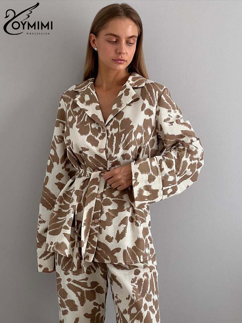 Oymimi Fashion Blue Print Setovi za žene Elegantne 2-dijelne majice s dugim rukavima na vezanje i široke ravne hlače Ženski kompleti